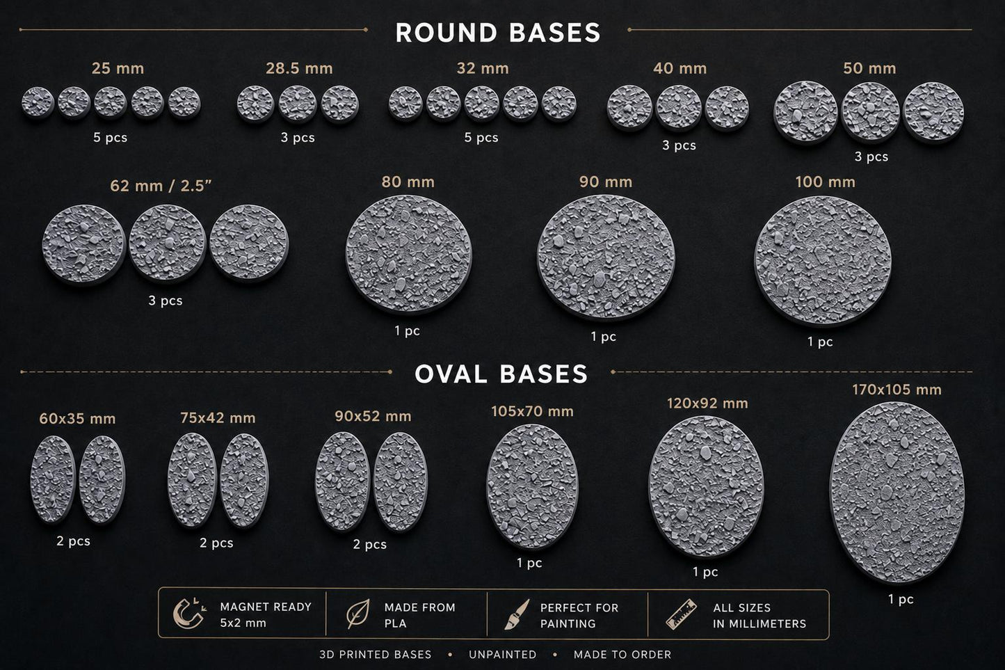 Heavy Texture Miniature Bases, Magnet-Ready Round and Oval Resin Bases, Txarli Factory