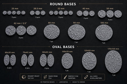 Heavy Texture Miniature Bases, Magnet-Ready Round and Oval Resin Bases, Txarli Factory