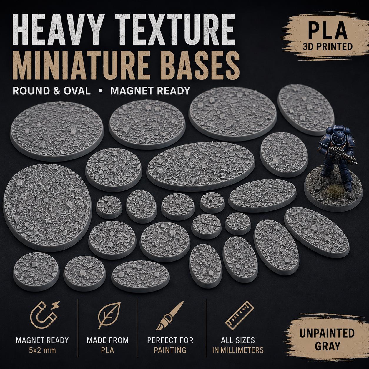 Heavy Texture Miniature Bases, Magnet-Ready Round and Oval Resin Bases, Txarli Factory