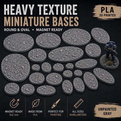 Heavy Texture Miniature Bases, Magnet-Ready Round and Oval Resin Bases, Txarli Factory