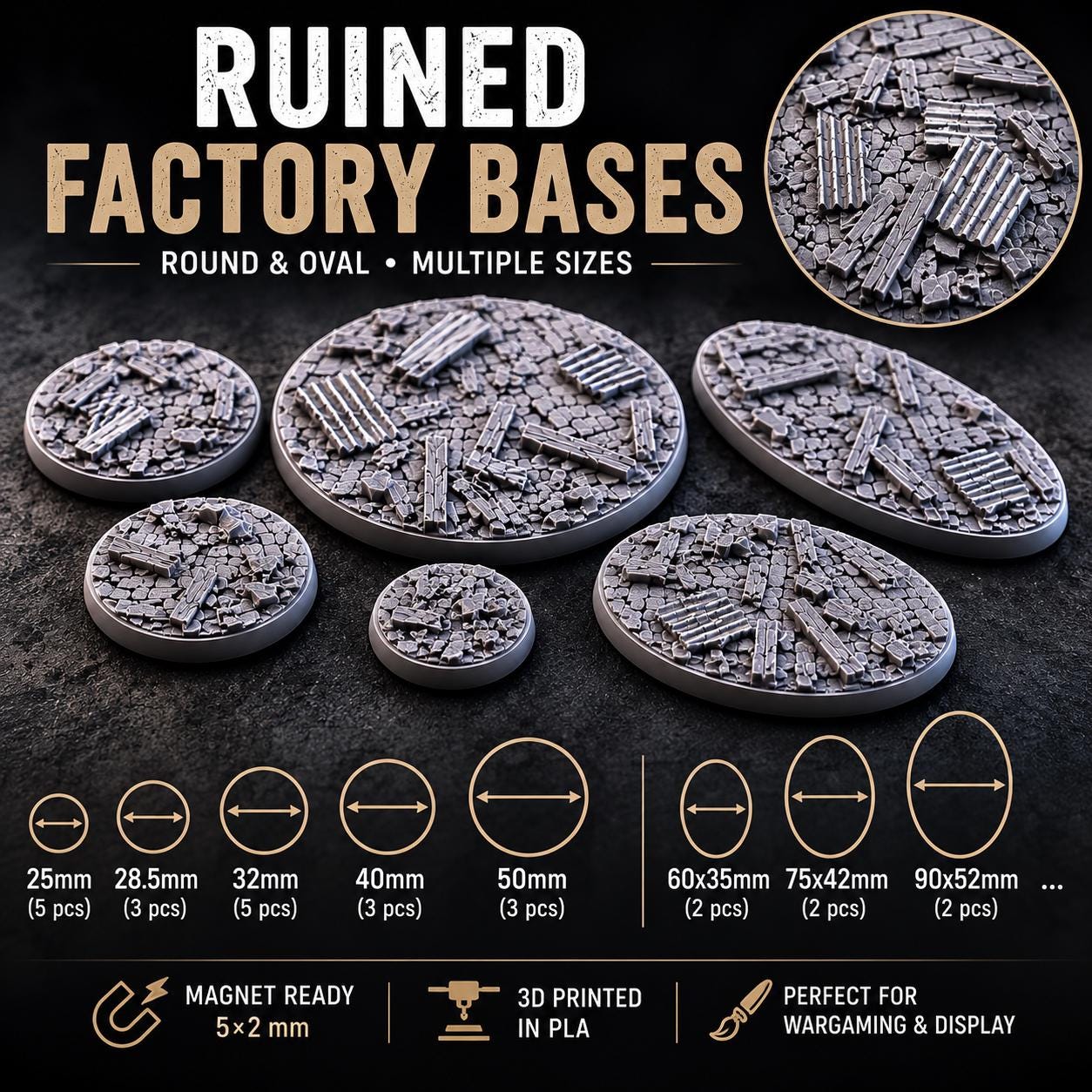 Ruined Factory Miniature Bases – Round & Oval PLA, Magnet Ready, Txarli Factory