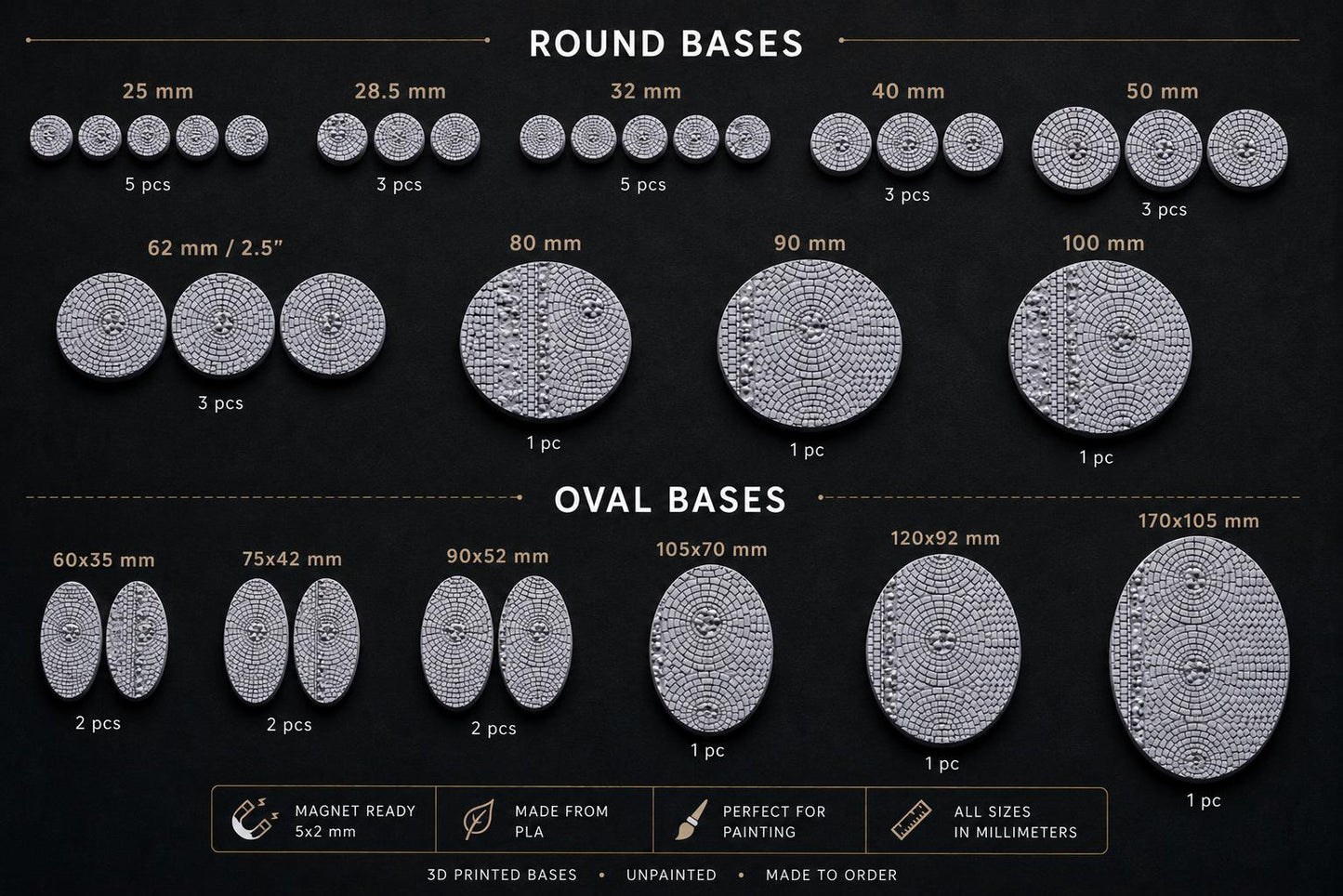Medieval Road Miniature Bases, Cobblestone Round & Oval PLA Bases, Magnet Ready, Txarli Factory
