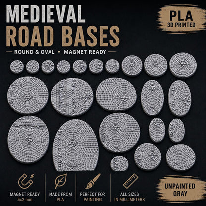 Medieval Road Miniature Bases, Cobblestone Round & Oval PLA Bases, Magnet Ready, Txarli Factory